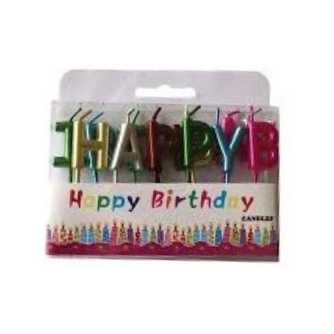 Tortes svecītes HAPPY BIRTHDAY burtiņi ar metālisku spīdumu 13gab
